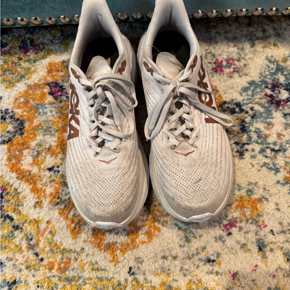 Hoka Mach White and Brown Athletic Shoes